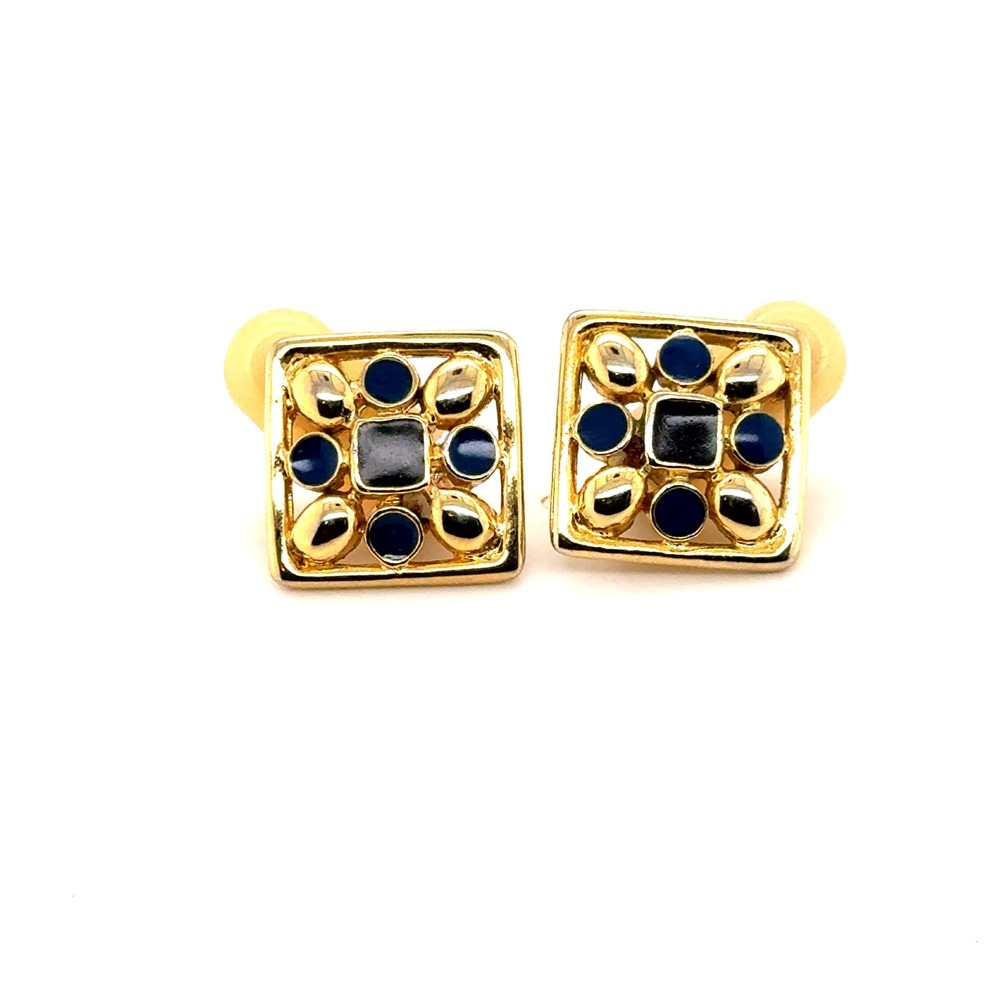 Vintage Signed JS Gold Tone Navy Blue Black Enamel Clip-On Earrings
